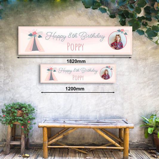 Personalised Sleepover Pink Teepee Party Banner - Paper or Vinyl Birthday Banner Festival Banner Sleepover Party Garden Party Banner