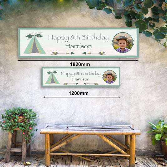 Personalised Sleepover Green Teepee Party Banner - Paper or Vinyl Birthday Banner Festival Banner Sleepover Party Garden Party Banner