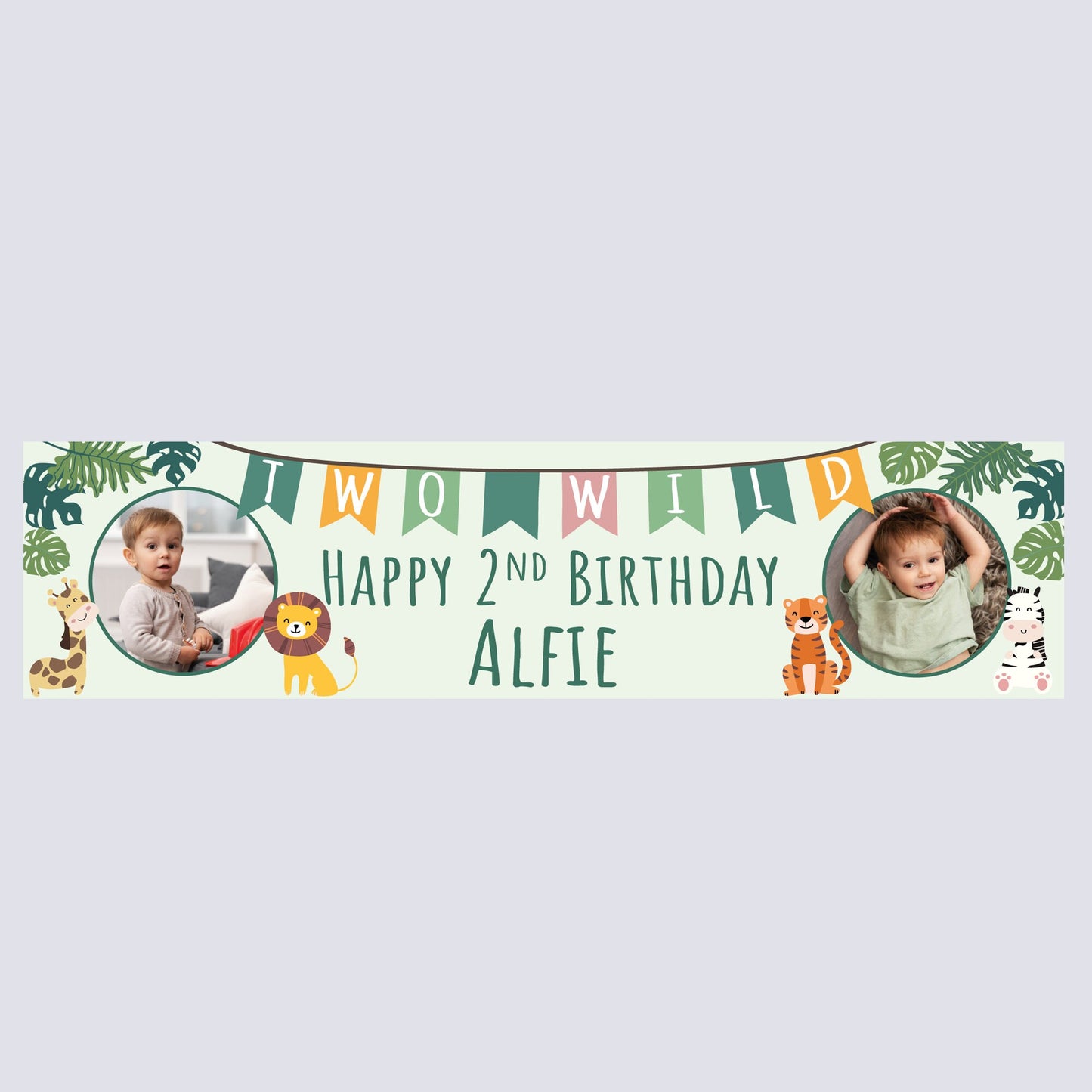 Personalised Banner - Two Wild Birthday Banner with Photo or, Personalised Jungle Cut-Out Banner with Photo