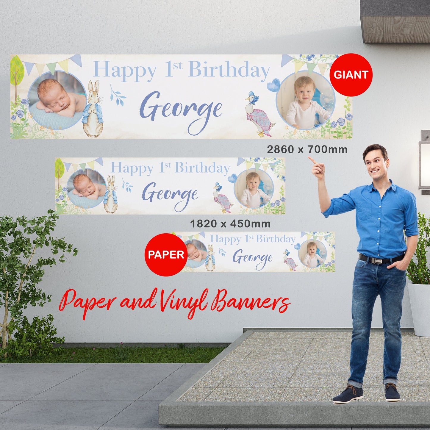 Personalised Banner - Peter Rabbit & Jemima Style Blue Age Banner, 1st Birthday Banner, Peter Rabbit Photo Banner