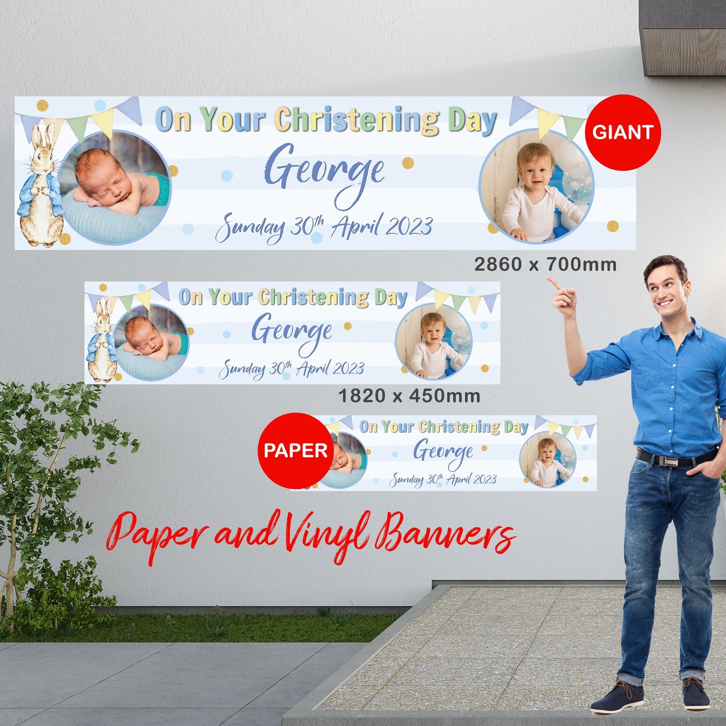 Personalised Banner - Peter Rabbit Style Blue Christening Banner, Peter Rabbit Photo Banner