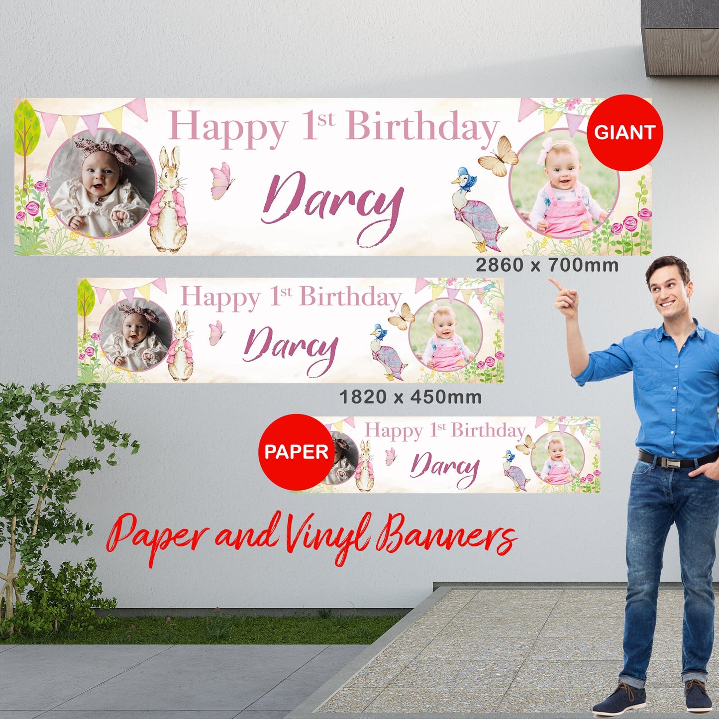 Personalised Banner - Peter Rabbit & Jemima Style Pink Age Banner, 1st Birthday Banner, Peter Rabbit Photo Banner